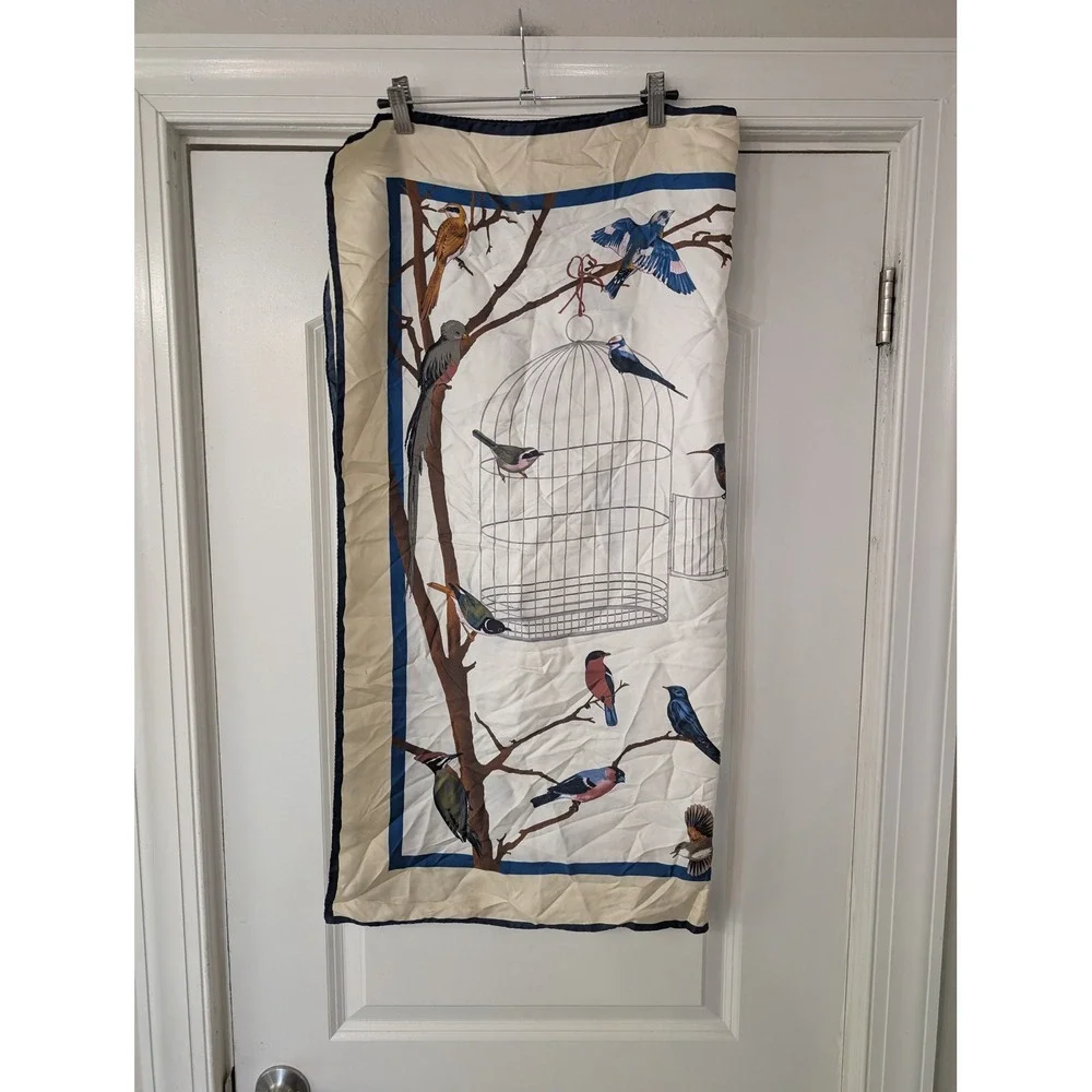 Peter Millar Birds of a Feather Silk Scarf Ivory Navy Blue Made in Italy NEW